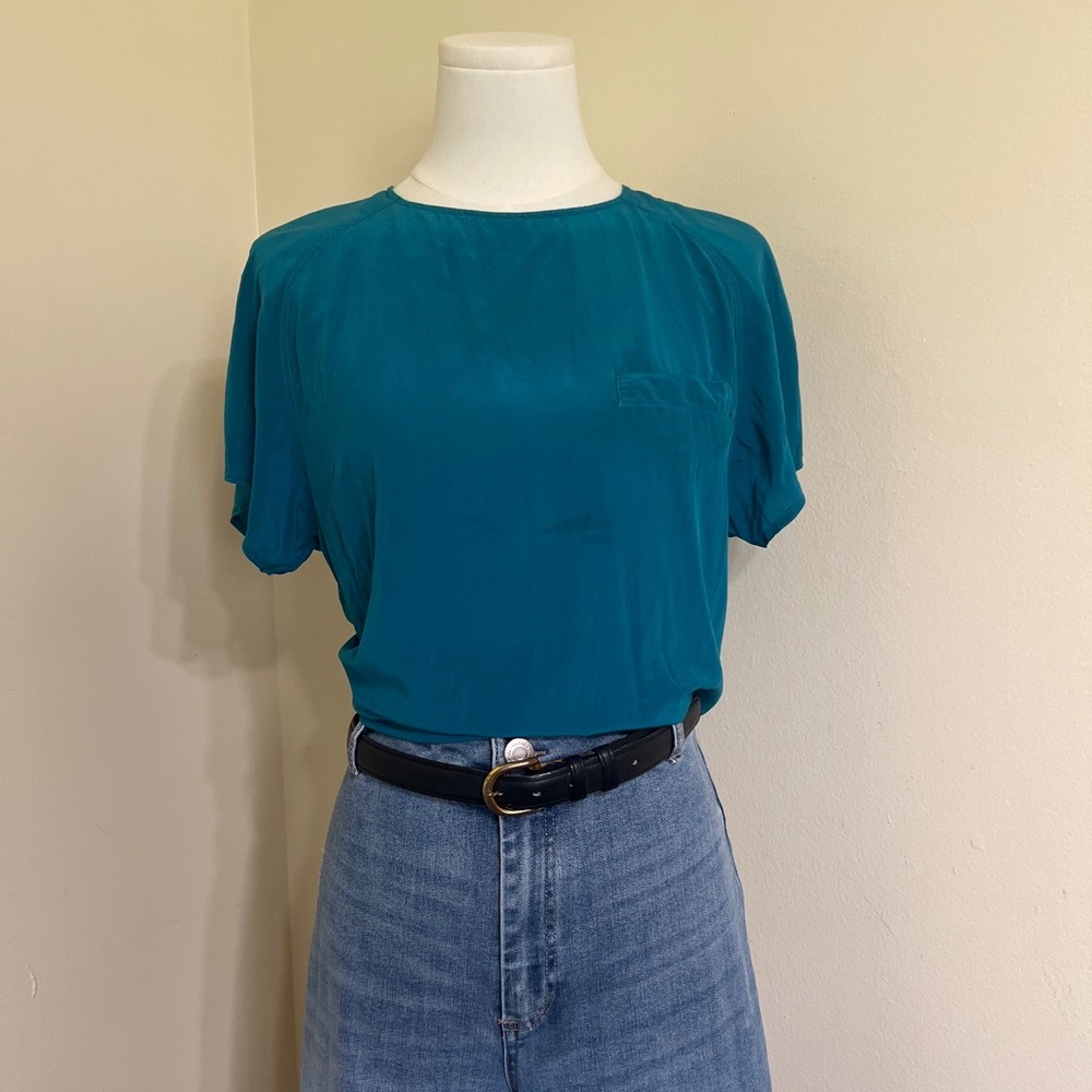 Ellen Ashley Teal Blue 100% Silk Short Sleeve Blouse Vintage Button Back Top M
